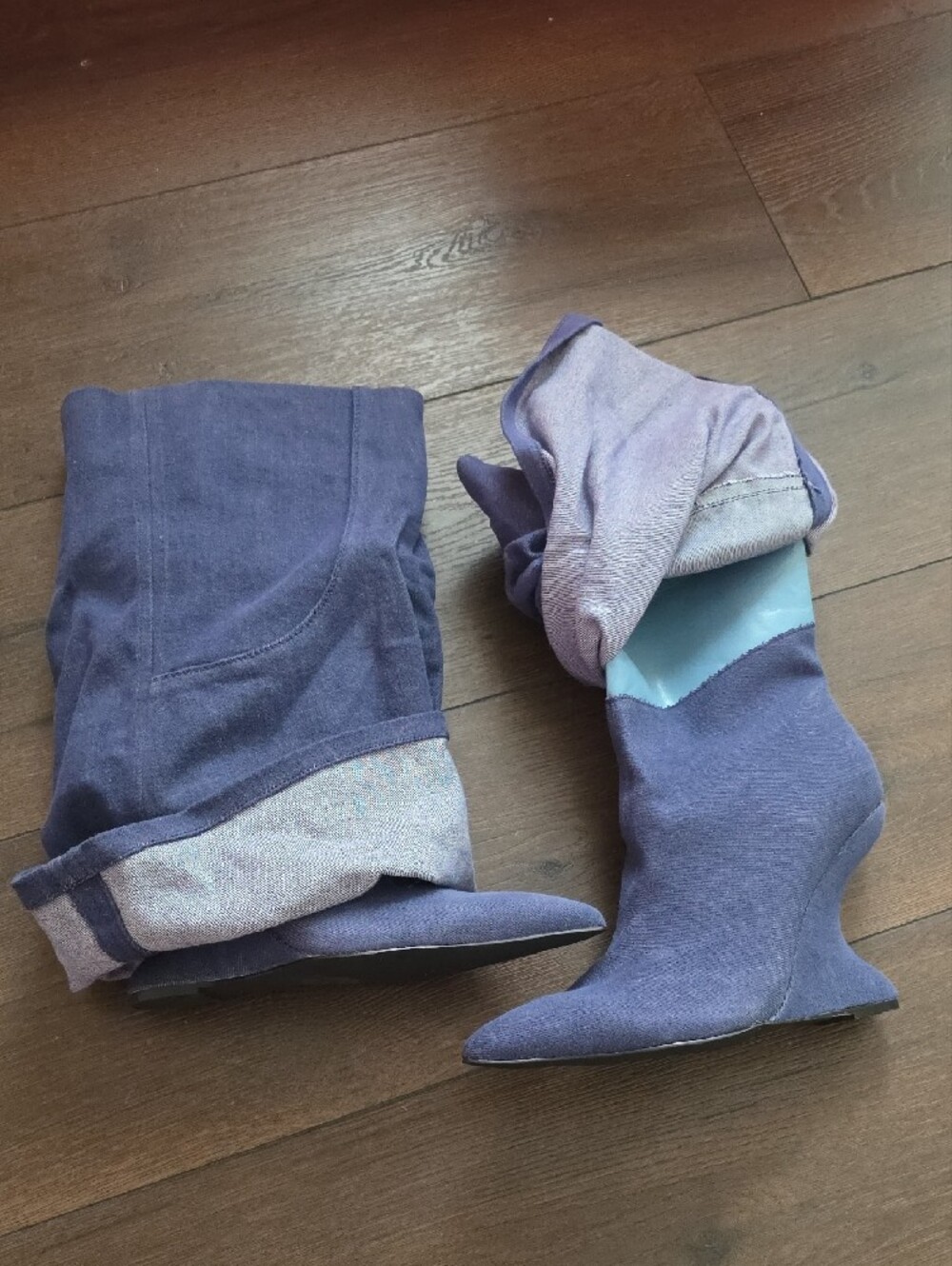 Azalea‎ Wang Akira Denim Jatin fold- over wedge booties Size 7.5